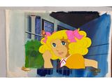 painting of a blonde girl laying on a window sill with a pink bow