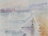 une aquarelle représentant un homme sur une planche de surf à la plage