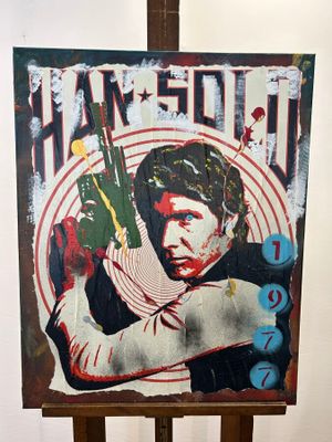a painting of a man holding a gun on a easel