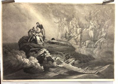 an old picture of a painting of a man on a boat in the ocean