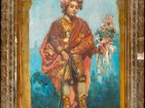 an old painting of a man holding a bunch of flowers