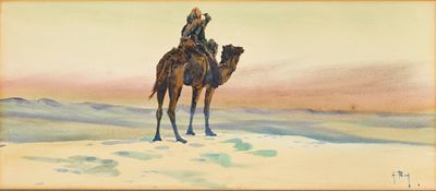 une image représentant un tableau où l'on voit un homme chevauchant un chameau dans le désert
