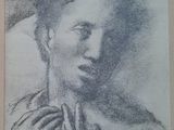 a drawing of a woman ' s face with her hands clasped to her chest