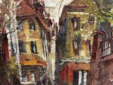 une peinture à l'huile représentant une scène de rue avec des bâtiments et une personne marchant dans la rue