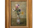 painting of a vase of flowers on a table with a wall in the background