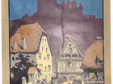 une affiche représentant une ville avec un château en arrière-plan