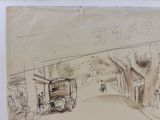 sketches of a drawing of a street scene with people and a bus