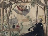 an old picture of a man in a black robe sitting in front of a tree