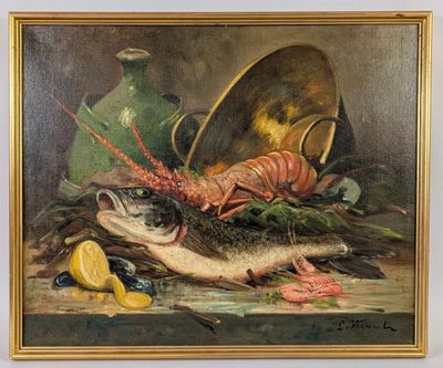 painting of a still life of a fish, lobster, lemons, and other items
