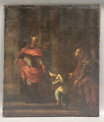 un vieux tableau représentant un homme tenant un enfant dans une pièce