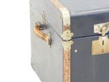 an old blue suitcase with a metal latch on it