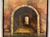 an oil painting of a doorway in a building with a brick wall