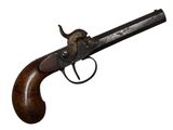 gros plan d'un pistolet avec une poignée en bois sur fond blanc