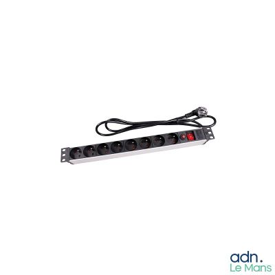 a black power strip with a red light on it