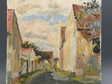 une peinture à l'huile représentant une scène de rue avec des maisons et le ciel en arrière-plan