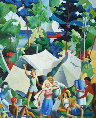 painting of a group of people in a park with tents and umbrellas