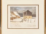an image of a painting of a farm in the snow