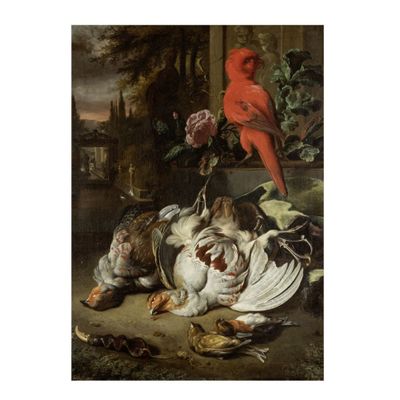un tableau représentant un oiseau, un oiseau et d'autres oiseaux posés sur une table