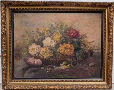 tableau représentant une nature morte composée de fleurs dans un panier posé sur une table