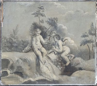 un vieux tableau représentant un groupe de personnes assises sur un rocher