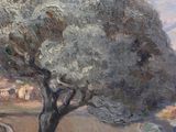 a painting of a tree and a horse in a field