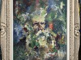 une peinture à l'huile représentant un vase de fleurs sur une table