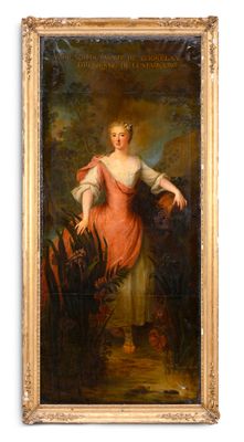 une peinture à l'huile représentant une femme en robe rose debout dans un jardin