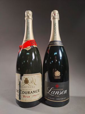 two bottles of champagne sitting next to each other on a table
