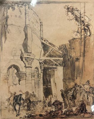dessin représentant une scène de rue avec un homme à cheval devant un bâtiment