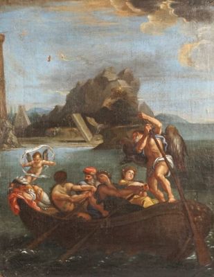 tableau représentant un tableau d'un homme dans un bateau avec des personnes à bord