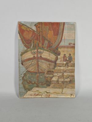 une photo d'un tableau représentant un bateau accroché au mur