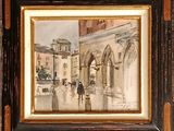 a picture of a painting of a man and a woman walking in the rain