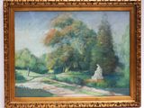 an oil painting of a park scene with a statue in the foreground