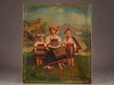 un vieux tableau représentant trois enfants assis sur un banc dans un champ