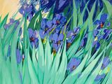 peinture représentant des iris violets dans un champ d'herbe verte sur fond jaune
