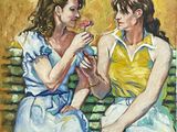 painting of two women sitting on a bench with a flower in their hand
