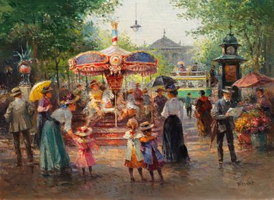 a painting of people standing around a carousel in a park