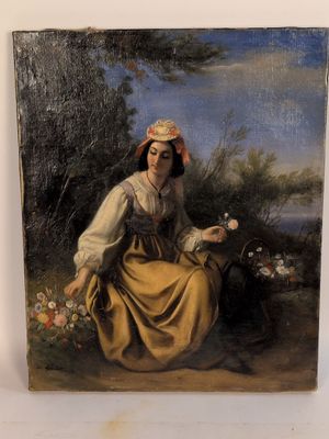 painting of a woman in a yellow dress sitting in a field of flowers