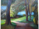 a painting of a person sitting on a bench in a park