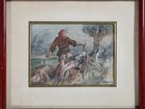 tableau représentant un homme à cheval avec un cheval dans une zone boisée