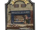 a picture of a painting of a storefront with a boat in front of it