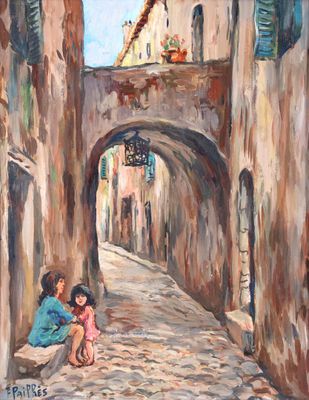 painting of a woman and a child sitting on a cobblestone street