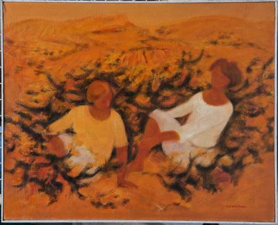 une peinture à l'huile représentant deux femmes assises dans un champ de fleurs jaunes