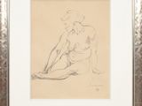 un dessin représentant une femme nue assise par terre, les jambes croisées