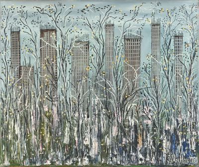 painting of a city with tall buildings and trees in the foreground