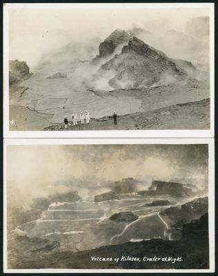 an old black and white photo of a group of people standing in front of a mountain