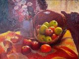 a painting of a bowl of fruit on a table