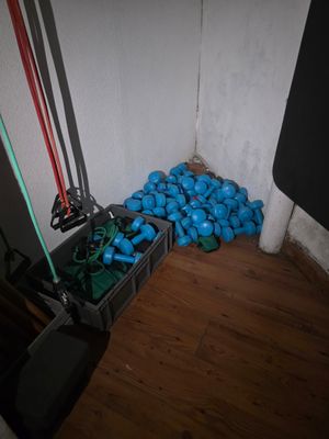 a bunch of blue balls in a crate next to a wall