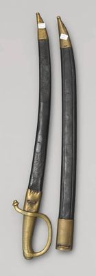 deux sabres noirs et dorés, avec des poignées dorées, sur un fond blanc