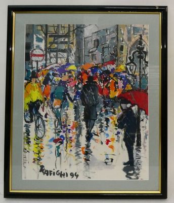 une peinture de personnes marchant sous la pluie avec des parapluies
